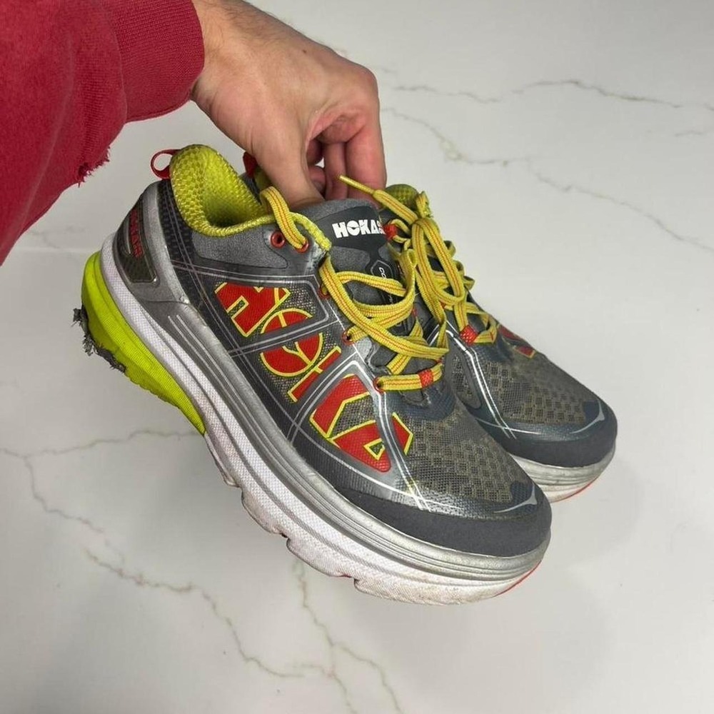 Hoka One One Bondi 3 Running Shoes Womens 7.5 Grey Yellow Red 30108032